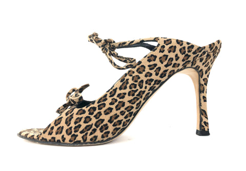 Suede Leopard Print Heeled Sandals | Size US 8 - IT 38.5