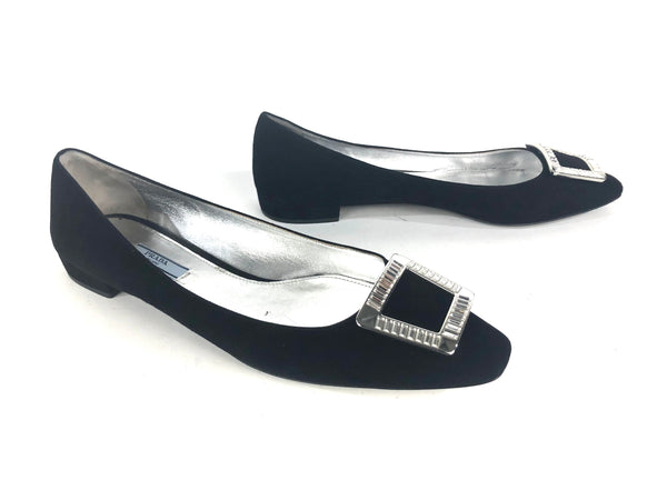 Black Suede Square Toe Flats with Rhinestones | Size 10.5