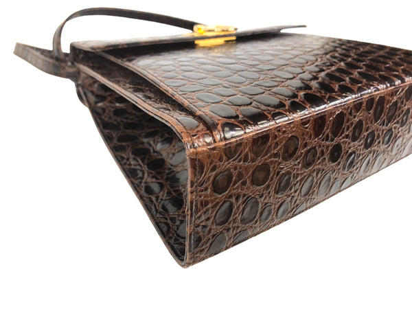 Vintage Iconic Top Handle Croc Embossed Leather Handbag with Strap