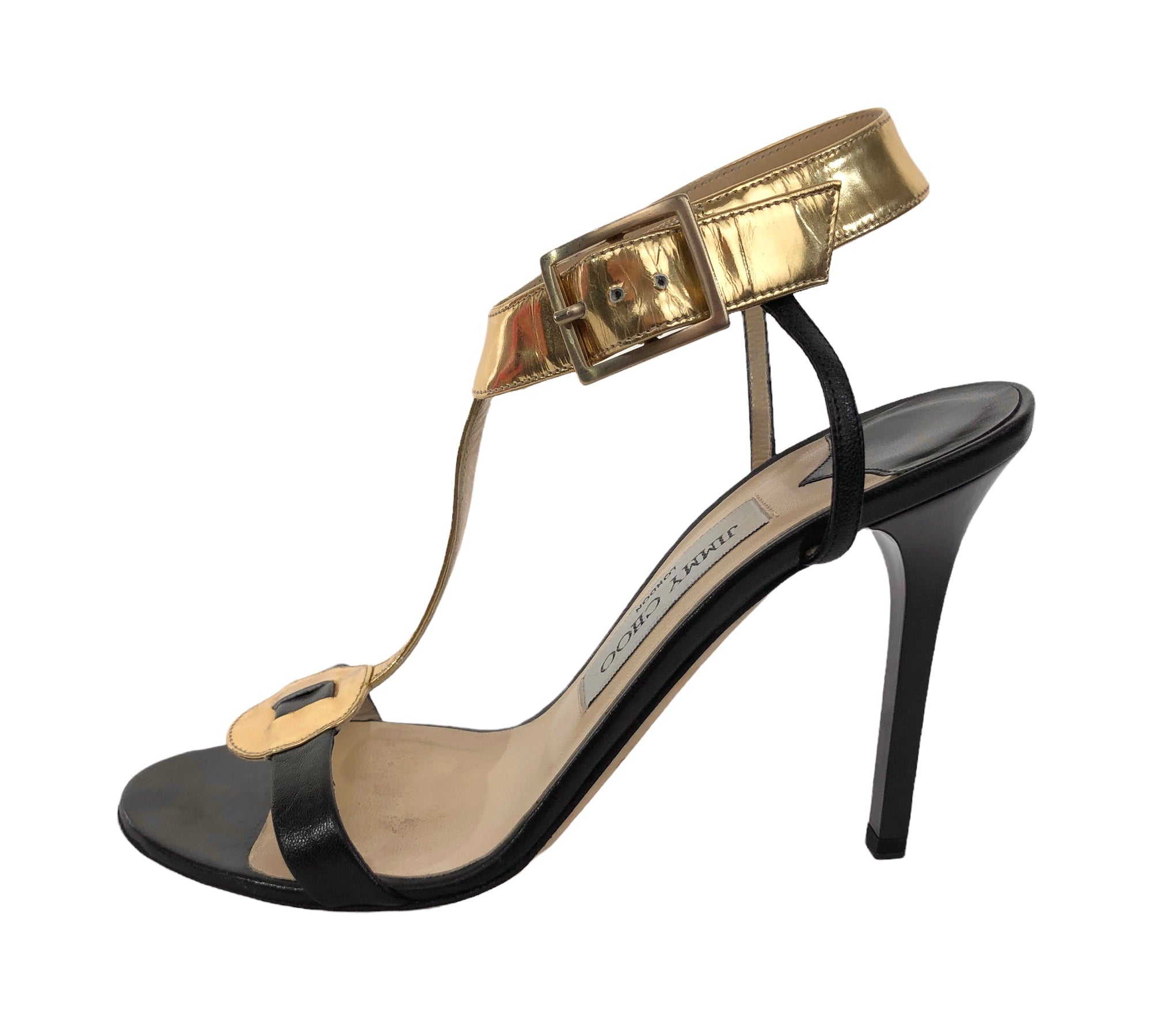 Black and Gold T-Strap Stiletto Sandal | Size US 6.5 - IT 37