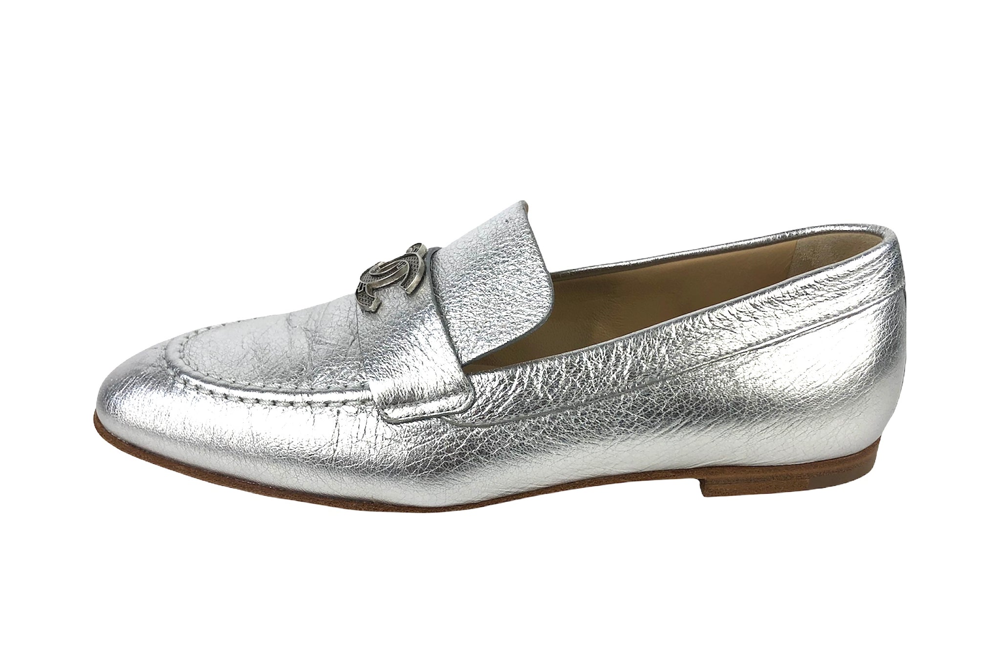 Interlocking CC's Silver Leather Loafers | Size US 4.5 - EU 5.5