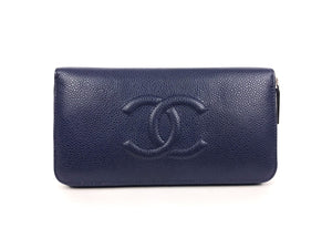 Navy Caviar Leather CC Timeless Zip Around Continental Wallet