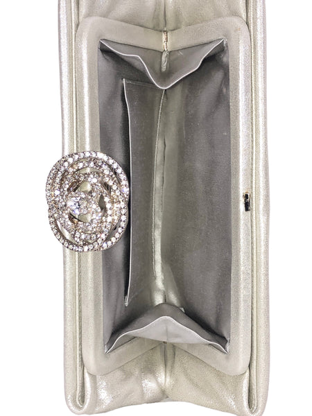 Crystal Embellished Camellia Clasp Metallic Evening Clutch