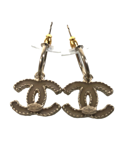 Interlocked CC's Pink Enamel Silver Tone Drop Earrings