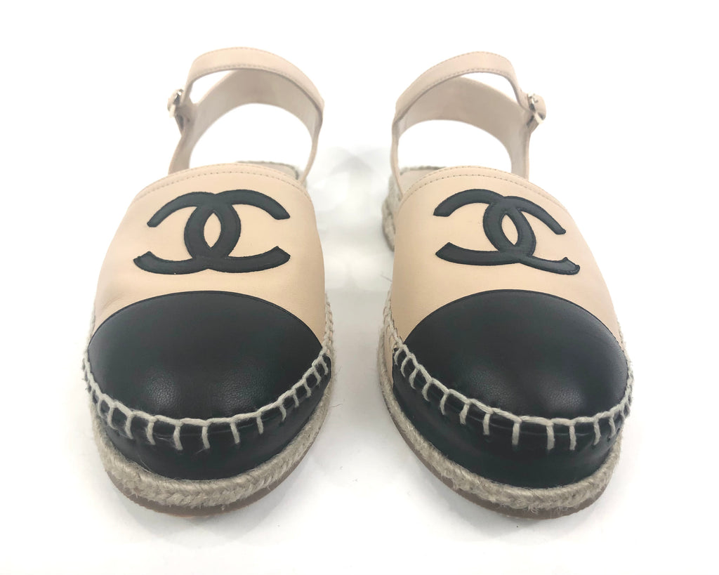 Cap Toe Black and Beige Lambskin CC's Turnlock Espadrille Sandal