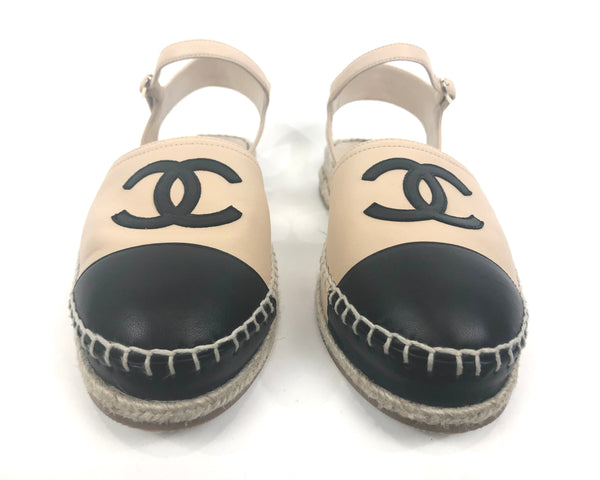 Cap Toe Black and Beige Lambskin CC's Turnlock Espadrille  Sandal | Size 8