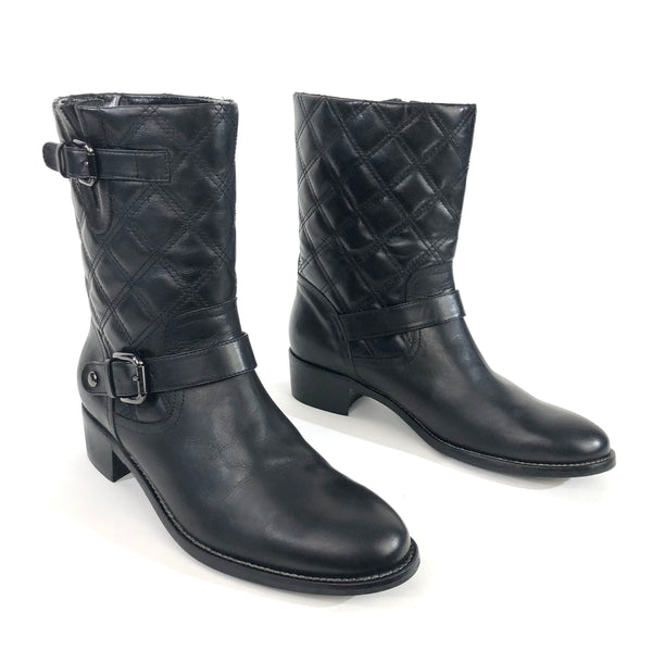 Black Quilted Leather Moto Mid Calf Boots | Size 7.5