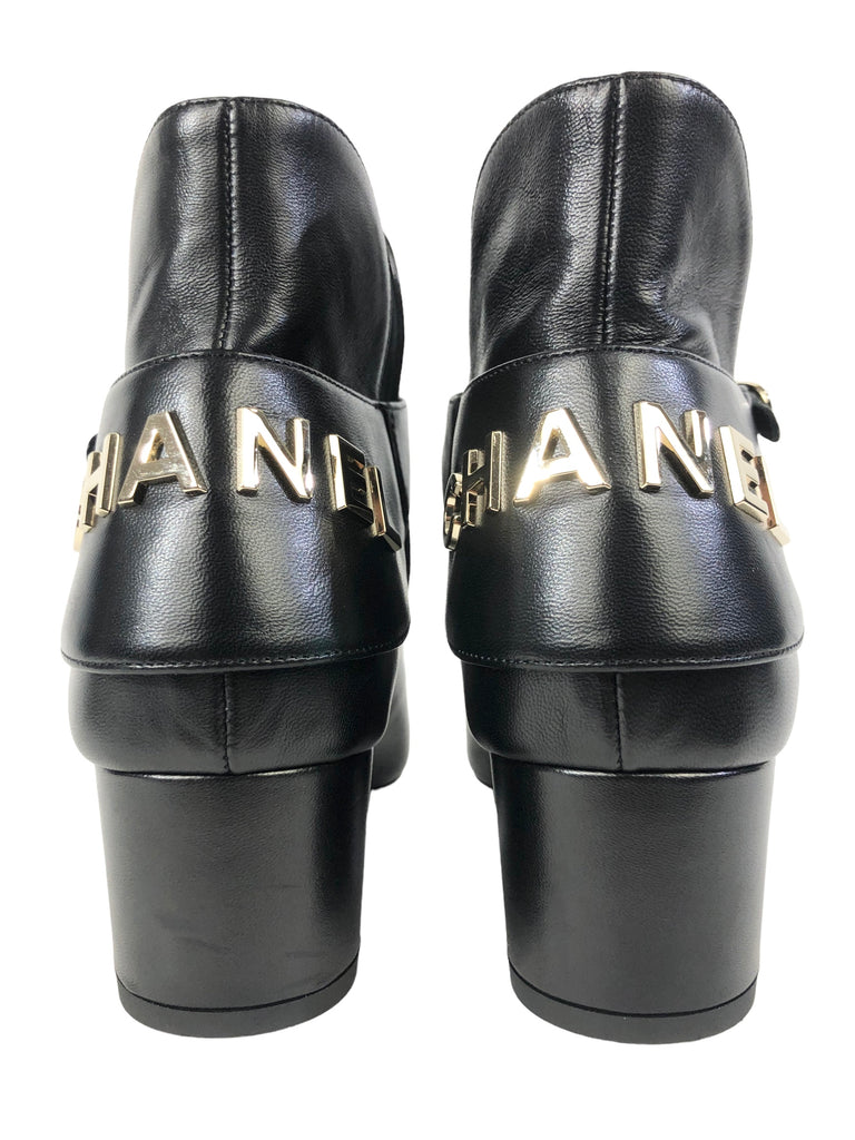 Chanel 2018 Gold Black Cap Toe Leather Pearl Button Bootie Boots Heels EU 41 US 9.5/10