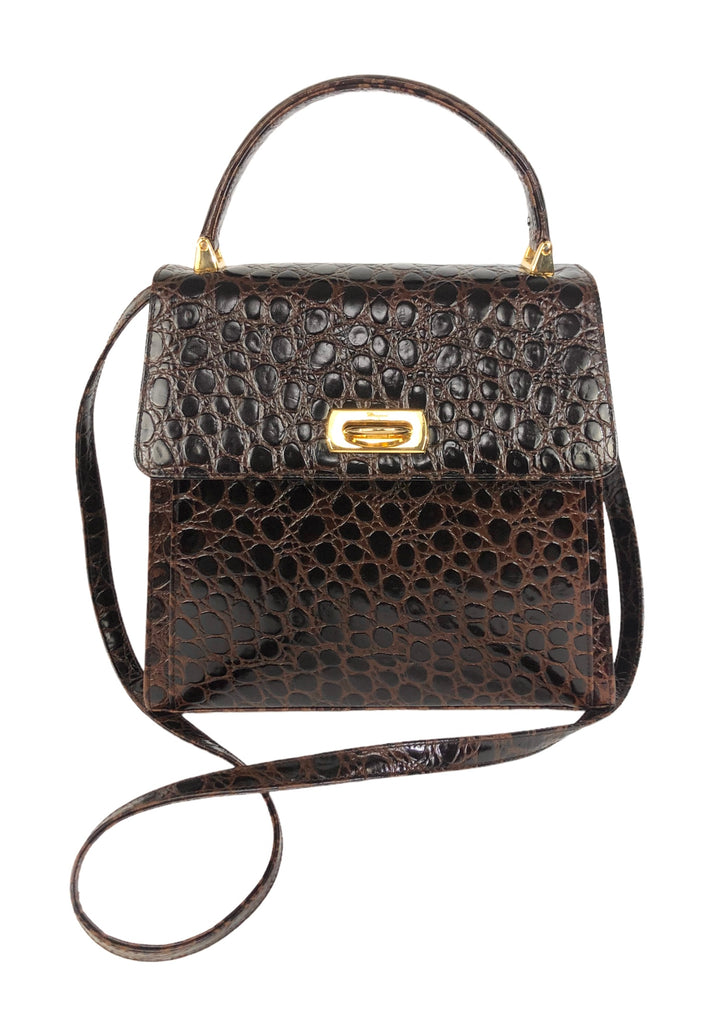 Vintage Iconic Top Handle Croc Embossed Leather Handbag with Strap