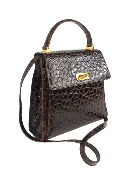 Vintage Iconic Top Handle Croc Embossed Leather Handbag with Strap