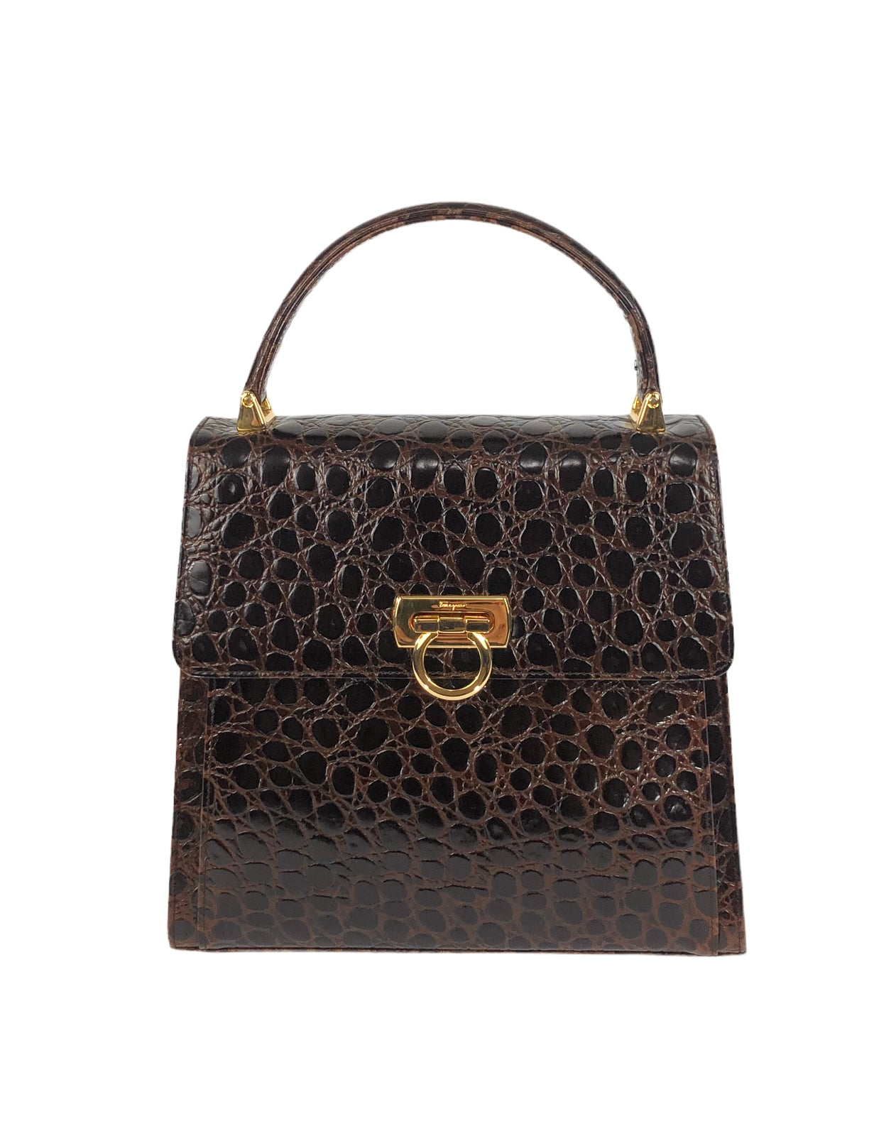 Vintage Iconic Top Handle Croc Embossed Leather Handbag with Strap