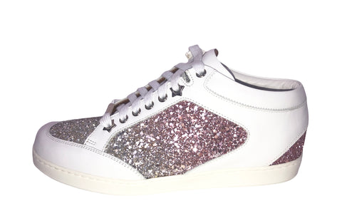 White Miami Glitter Paneled Pink and White Leather Sneakers | Size US 7.5 - EU 38