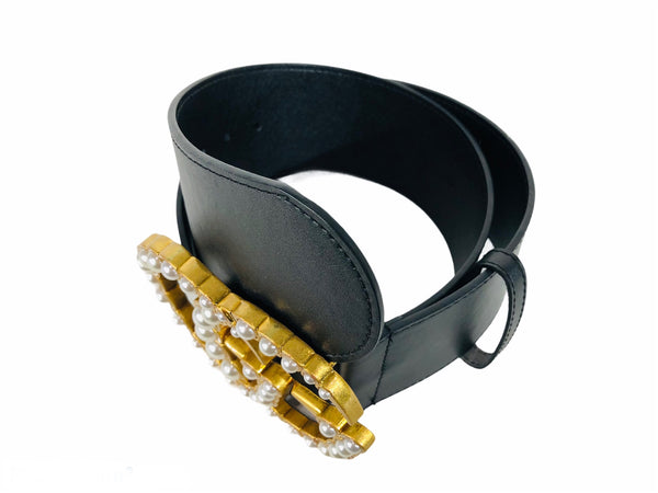 Extra Wide Calfskin Marmont Faux Pearl GG Buckle Belt | Size 90/36