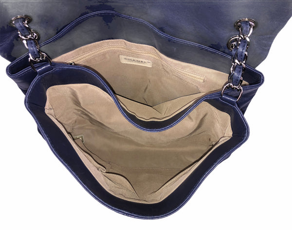 Blue Lambskin Quilted Leather Flap Large Handbag with Silver Hardware