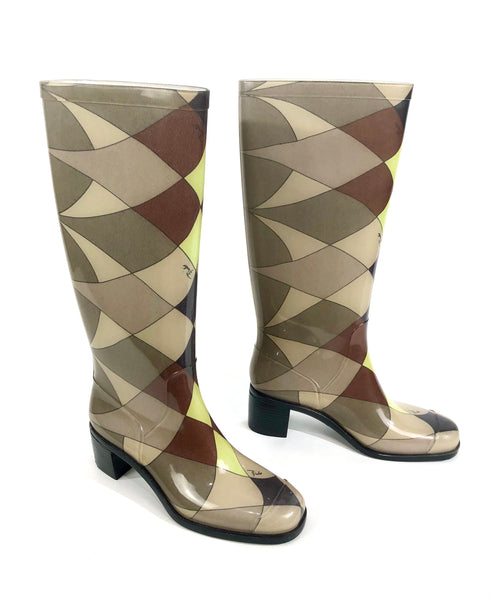 Brown and Green Diamond Print Rubber Rain Boots | Size 39