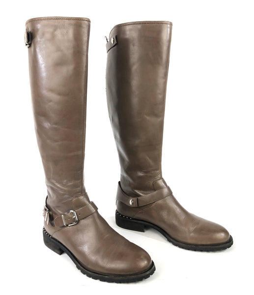 Taupe Burnished Calf Leather Riding Boots | Size 10
