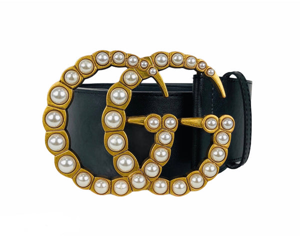 Extra Wide Calfskin Marmont Faux Pearl GG Buckle Belt | Size 90/36