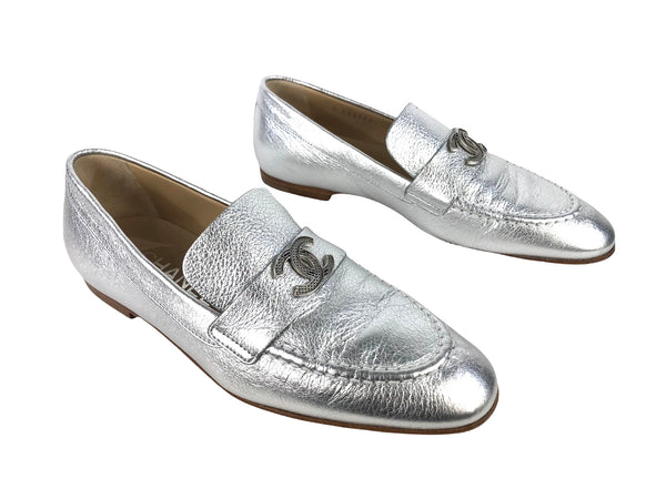 Interlocking CC's Silver Leather Loafers | Size US 4.5 - EU 5.5