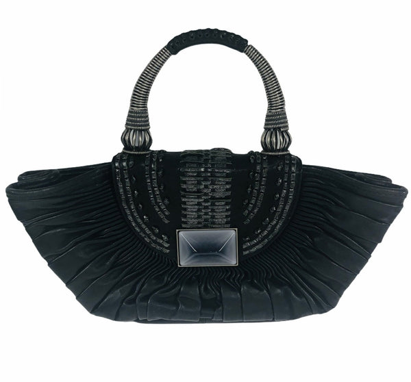 Black Lambskin Plissé Basket Top Handle Mini Bag