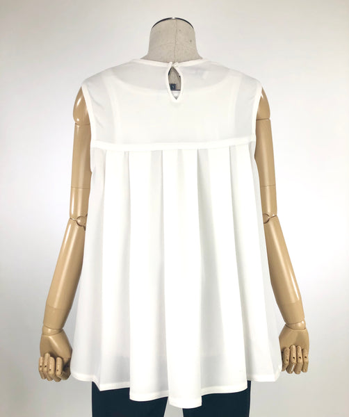 White Pleated Sleeveless Blouse with High Low Hem | Size 8