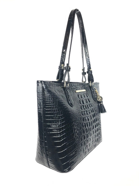 Medium Asher Black Melbourne Croc Embossed Leather Zip Tote