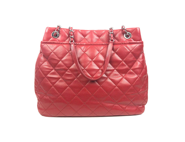 Red Soft Caviar Quilted Timeless CC Shopping Tote Large