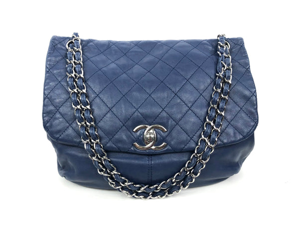 Blue Lambskin Quilted Leather Flap Large Handbag with Silver Hardware