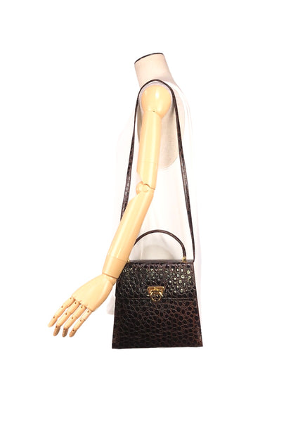 Vintage Iconic Top Handle Croc Embossed Leather Handbag with Strap