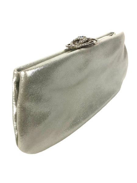 Crystal Embellished Camellia Clasp Metallic Evening Clutch