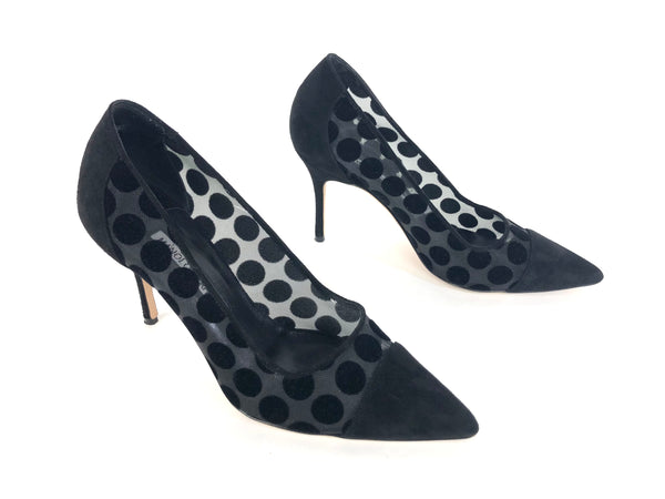 Black Suede and Mesh Polka Dot Pumps | Size US 7.5 - IT 38