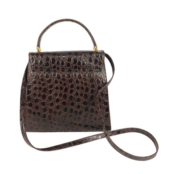 Vintage Iconic Top Handle Croc Embossed Leather Handbag with Strap