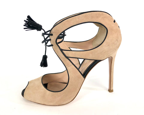 Tan Suede Cut Out Tassel Lace Up Heels | Size 38
