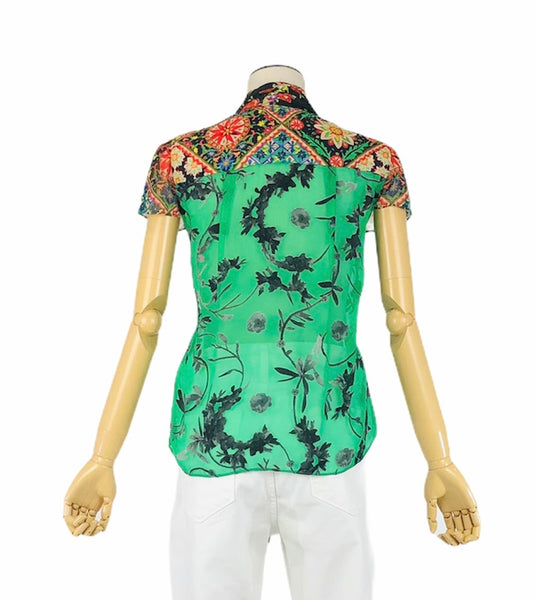 Jeanni Pussy Bow-Collar Cap Sleep Button Front Blouse | Size XS