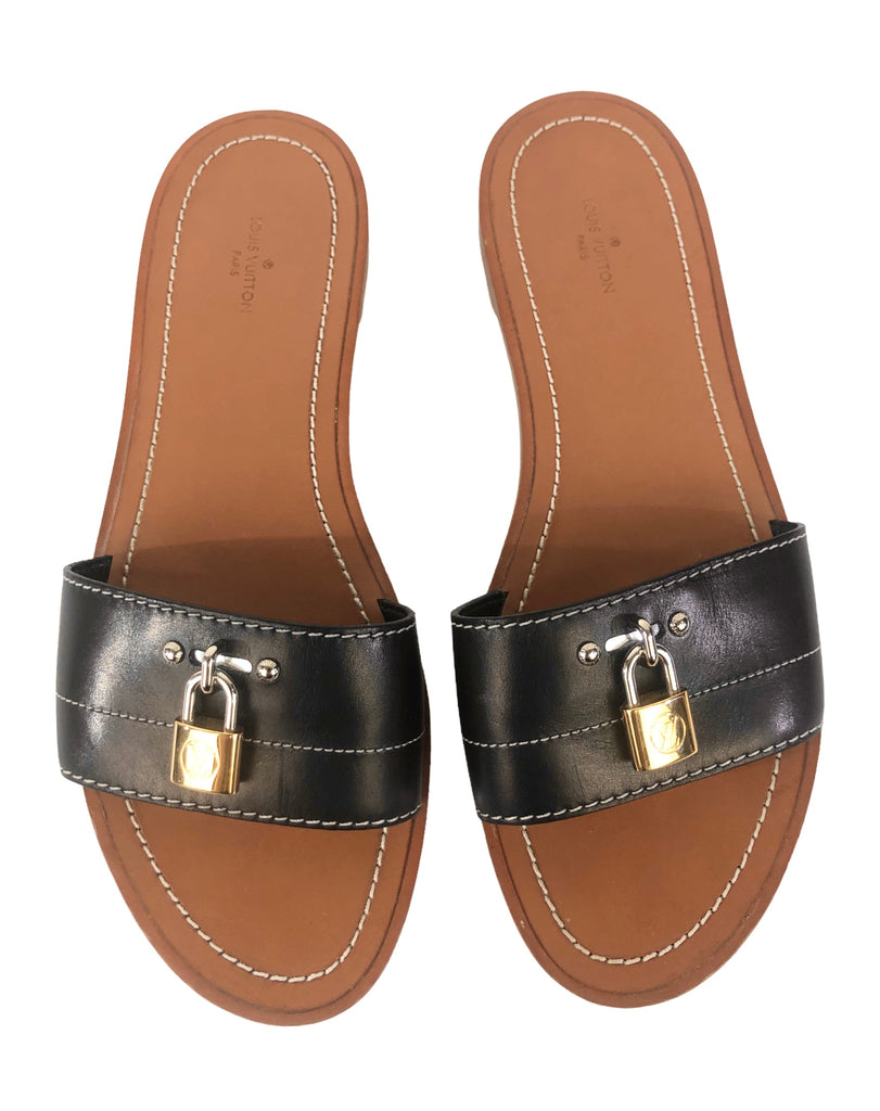 Louis Vuitton Black Leather Lock It Slide Sandals Size 38 Louis Vuitton