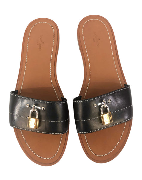 Louis Vuitton Black Leather Lock It Slides Sandals | US 8.5 | EU 39