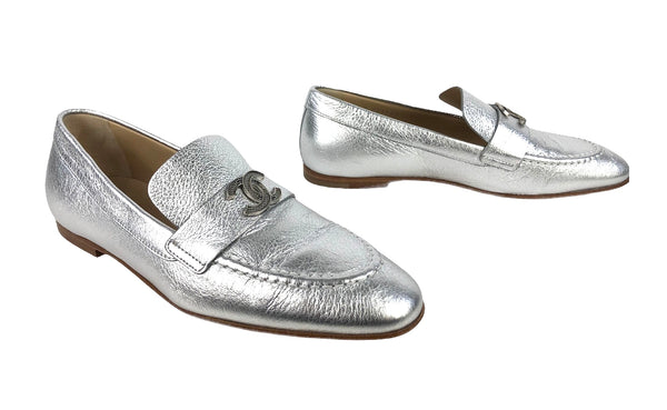 Interlocking CC's Silver Leather Loafers | Size US 4.5 - EU 5.5