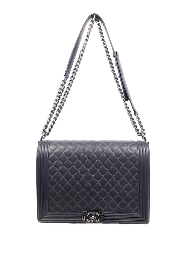 Chanel 2023 Grey Quilted Lambskin Leather Logo Chain Handle Flap