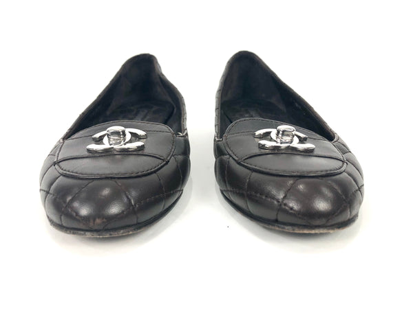 Chocolate Brown Quilted Leather CC Turn Lock Loafers | Size 37.5
