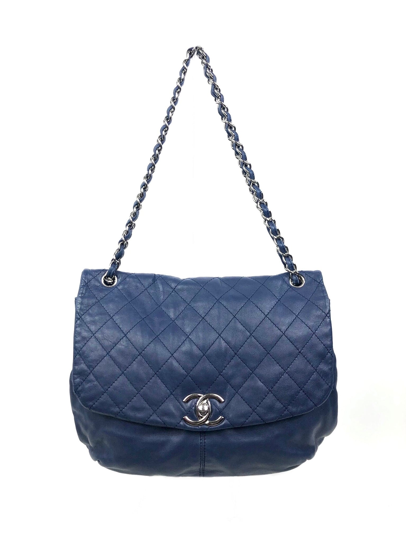 Blue Lambskin Quilted Leather Flap Large Handbag with Silver Hardware