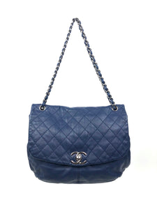 Blue Lambskin Quilted Leather Flap Large Handbag with Silver Hardware
