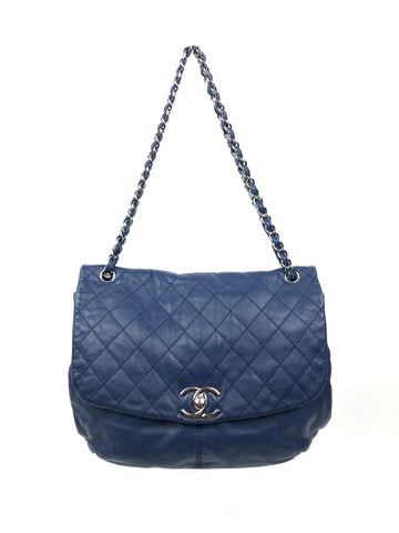Blue Lambskin Quilted Leather Flap Large Handbag with Silver Hardware