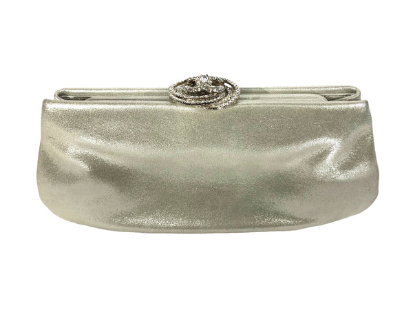 Crystal Embellished Camellia Clasp Metallic Evening Clutch