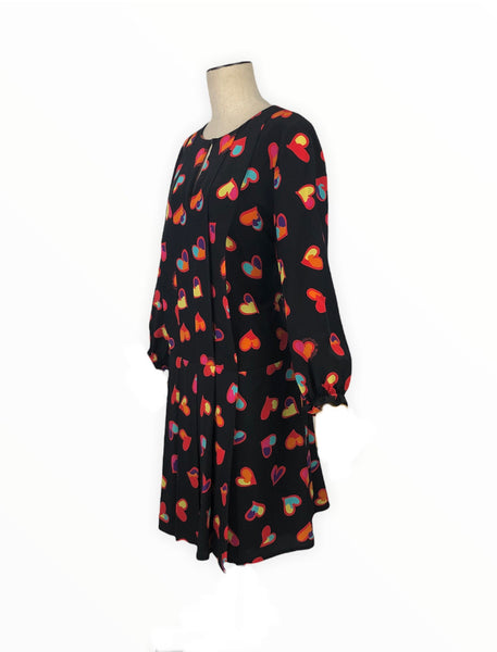 Multicolor Hearts Print on Black Silk Dress | Size 14