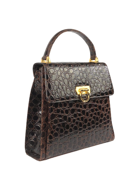 Vintage Iconic Top Handle Croc Embossed Leather Handbag with Strap