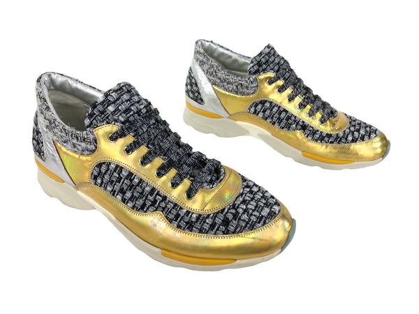 Interlocking Tweed Gold Silver Low Top Sneakers | Size US 8.5 - IT 39.5