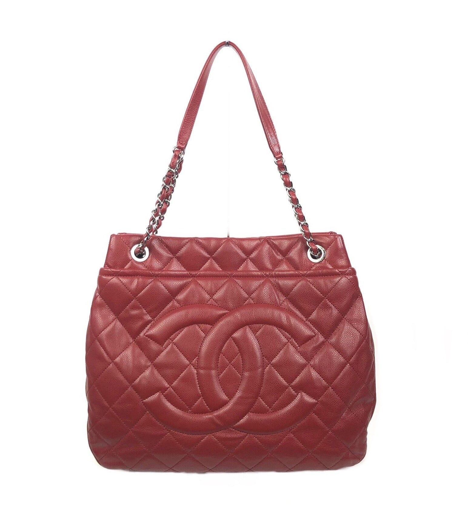 Red Soft Caviar Quilted Timeless CC Shopping Tote Large