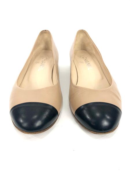 Beige and Black Color Block Chain Heel Flats | Size 37.5