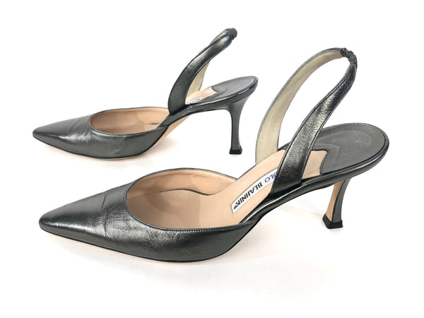 Metallic Gunmetal Leather Slingback Pumps | Size US 7.5 - IT 38