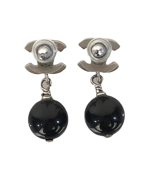White Enamel Interlocked CC's with Black Stone Drop Earrings