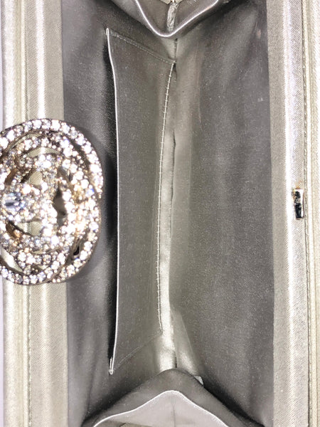 Crystal Embellished Camellia Clasp Metallic Evening Clutch